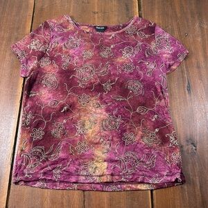 Beliza Women's Size XL‎ Sheer Top Burgundy Gold Polyester Boho Indian-Inspired